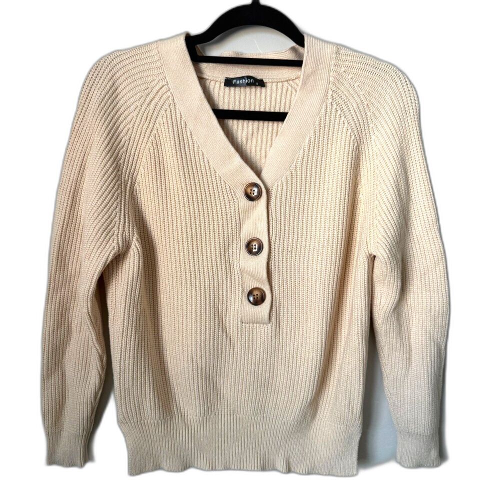 Cream Ribbed Knit Henley Sweater Size S V Neck Button Up Chunky Long Sleeve